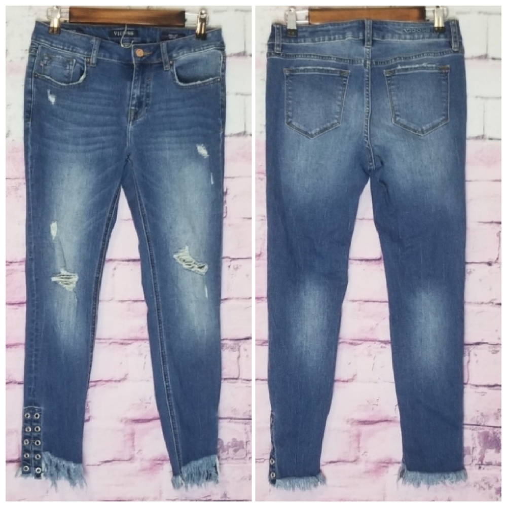 VIGOSS MARLEY SUPER SKINNY STUDDED GROMMET TRIM ANKLE MOTO JEANS W26